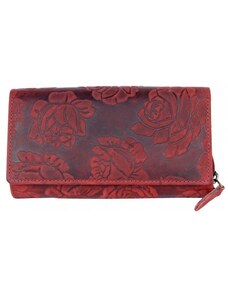 Kožená červená peněženka s ražbou s motivem růží s ochranou dat (RFID) FLW