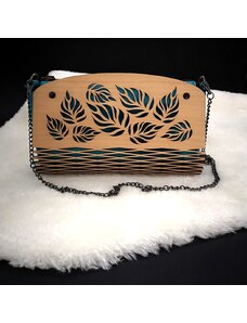 AMADEA Dřevěná kabelka tyrkysová - listy 25 cm