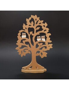AMADEA Dřevěný strom s bílými sovami 25 cm