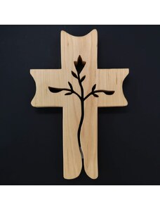 AMADEA Dřevěný kříž s prořezem ve tvaru růže 19 cm