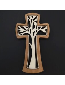 AMADEA Dřevěný kříž z masivu s vkladem ve tvaru stromu 20 cm