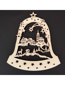 AMADEA Dřevěná ozdoba zvonek s vesničkou 9 cm