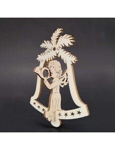 AMADEA Dřevěná ozdoba 3D zvonek - anděl s lesním rohem 9 cm