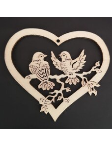 AMADEA Dřevěná ozdoba srdce s ptáčky 14 cm