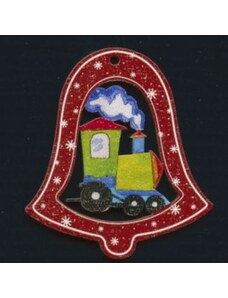AMADEA Dřevěná ozdoba barevná zvonek s vláčkem 6 cm
