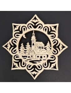 AMADEA Dřevěná ozdoba hvězda s kostelem 9 cm