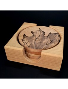AMADEA Dřevěný stojánek hranatý se 4 kulatými podtácky s potiskem, masivní dřevo, 12,5x12,5x4,5cm