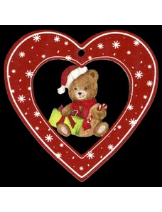AMADEA Dřevěná ozdoba barevná srdce s medvídkem 6 cm