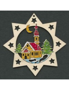 AMADEA Dřevěná ozdoba hvězda barevná s kostelem 9 cm