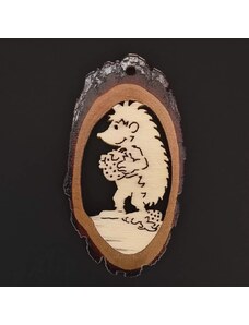 AMADEA Dřevěná ozdoba s potiskem kůry - ovál s ježkem 6 cm