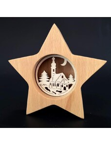 AMADEA Dřevěná hvězda s vkladem - kostel, masivní dřevo, 10x10x3 cm