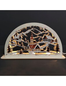 AMADEA Dřevěný svítící portál s motivem vesničky, sépiový, 38 cm