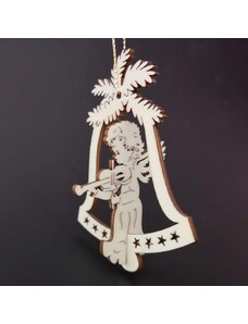 AMADEA Dřevěná ozdoba 3D zvonek - anděl s houslemi 9 cm