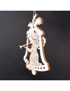 AMADEA Dřevěná ozdoba 3D zvonek - anděl s píšťalou 9 cm