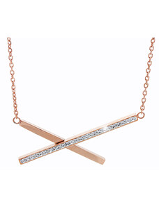 SkloBižuterie-J Ocelový náhrdelník Crossed Lines Swarovski Crystal Rose Gold