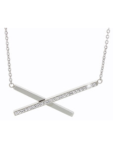 SkloBižuterie-J Ocelový náhrdelník Crossed Lines Swarovski Crystal Rhodium