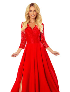 Elegantní dlouhé šaty s krajkovým výstřihem Numoco AMBER - červené