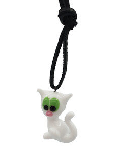 SkloBižuterie Kožený náhrdelník se skleněnou figurkou Kočka bílá