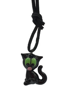 SkloBižuterie Kožený náhrdelník se skleněnou figurkou Kočka černá