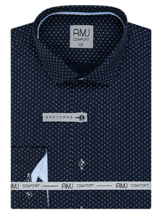 AMJ Pánská košile AMJ bavlněná, tmavě modrá puntíkovaná VDBPSR1183, dlouhý rukáv, prodloužená délka, slim fit