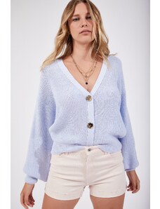 Happiness İstanbul Women's Sky Blue V-Neck Buttoned Knitwear Cardigan