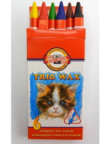 Trojhranné školní voskovky Koh-I-Noor - Voskové pastely Triowax - 6 barev tenkých voskovek s koťátkem