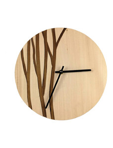 AMADEA Dřevěné hodiny nástěnné kulaté se vzorem větvičky, masivní dřevo, průměr 25 cm
