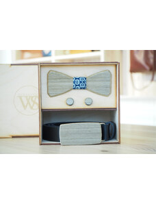 Wood Style Set Hranatý Šedé hedvábí - opasek,motýlek a manžetové knoflíčky