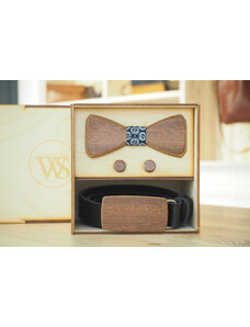 Wood Style Set Hranatý WS Modrotisk - opasek, motýlek a manžetové knoflíčky