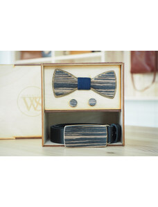 Wood Style Set Kulatý Modrotisk - opasek, motýlek a manžetové knoflíčky