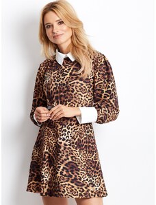 PAMUK LINE Dámské hnědé šaty s leopardím vzorem a límečkem -brown Zvířecí