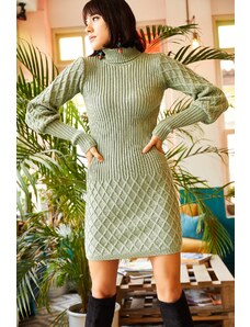 Olalook Women's Water Green Sleeve and Skirt Textured Knitwear Dress
