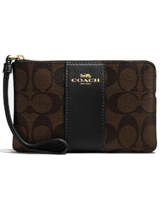 Coach Corner Zip Wristlet In Signature Canvas Brown Black Light Gold