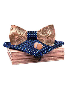Mahoosive Dřevěný motýlek 3D s kapesníčkem a manžetovými knoflíčky T262-C1