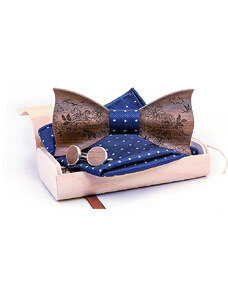 Mahoosive Dřevěný motýlek 3D s kapesníčkem a manžetovými knoflíčky T233-C4