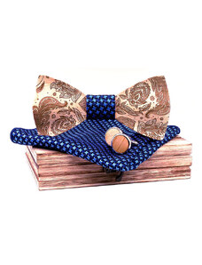 Mahoosive Dřevěný motýlek 3D s kapesníčkem a manžetovými knoflíčky T262-C2