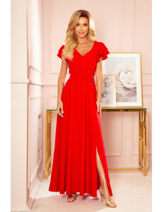 numoco LIDIA - Dlouhé červené dámské šaty s volánky a dekoltem 310-2