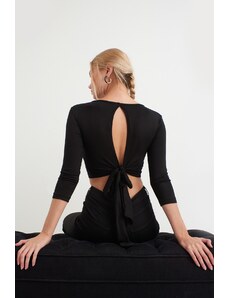 Cool & Sexy Women's Black Decollete Tie Crop Blouse