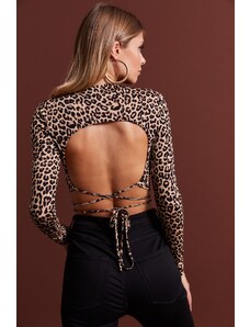 Cool & Sexy Women's Camel Decollete Leopard Patterned Crop Blouse