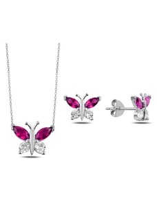 Klenoty Amber Stříbrná sada šperků motýl růžový - náušnice, náhrdelník