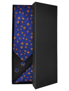 Modrá pánská kravata s oranžovými květy - Dárková sada