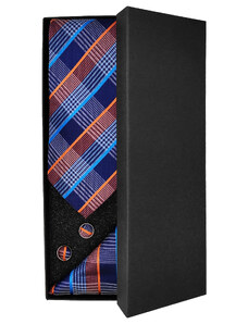 Modrá pánská kravata s oranžovým a modrým kárem - Dárková sada