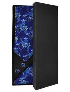 Modrá pánská kravata s květy - Dárková sada