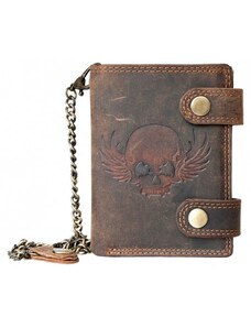 Kožená peněženka s lebkou a křídlem, s 45 cm dlouhým kovovým řetězem a karabinkou FLW