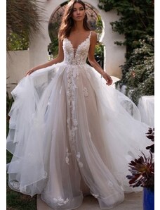 Donna Bridal svatební krajkové šaty s hlubokým výstřihem a s 3D květinami