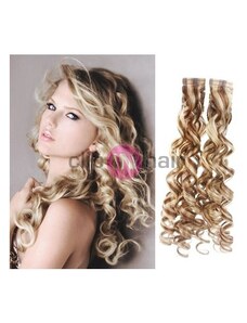 Clipinhair Vlasy pro metodu Pu Extension / TapeX / Tape Hair / Tape IN 60cm kudrnaté - platina / světle hnědá