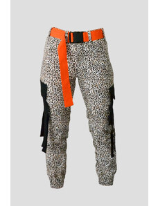 PRINCESS TIRAMISU dámské Kalhoty Cargo pants leopard s černými kapsami + oranžový pásek