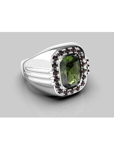 JEWSTONE Stříbrný pánský prsten s vltavín, granát 8,6 g, Ag 925/1000+Rh
