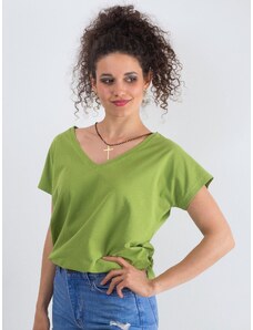 Fashionhunters Bavlněné tričko s výstřihem do V, světle zelené