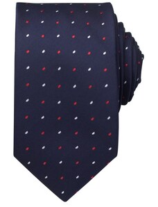 Quentino Tmavě modrá pánská kravata s bílo červenými puntíky